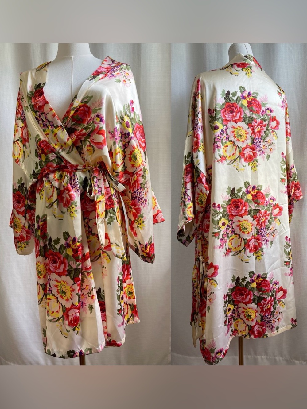 Ms Lovely Butter Yellow Floral Satin Kimono Robe - Plus Size XXL/XXXL